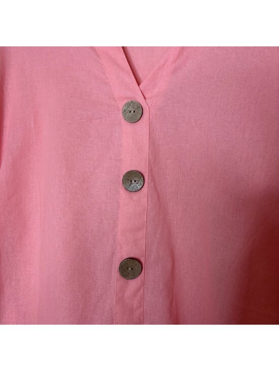 Women's 100% Linen Button Front Blouse Pink V Neck 3/4 Sleeve Relaxed Fit Large - Picture 5 of 5
